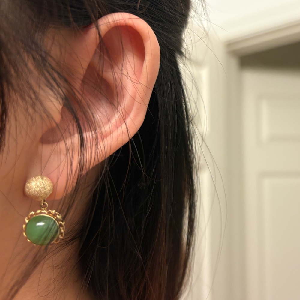 Vintage Jade Cabochon Dangle Earrings w/ Solid 14K Gold Posts [stamped]✨ - Picture 6 of 15